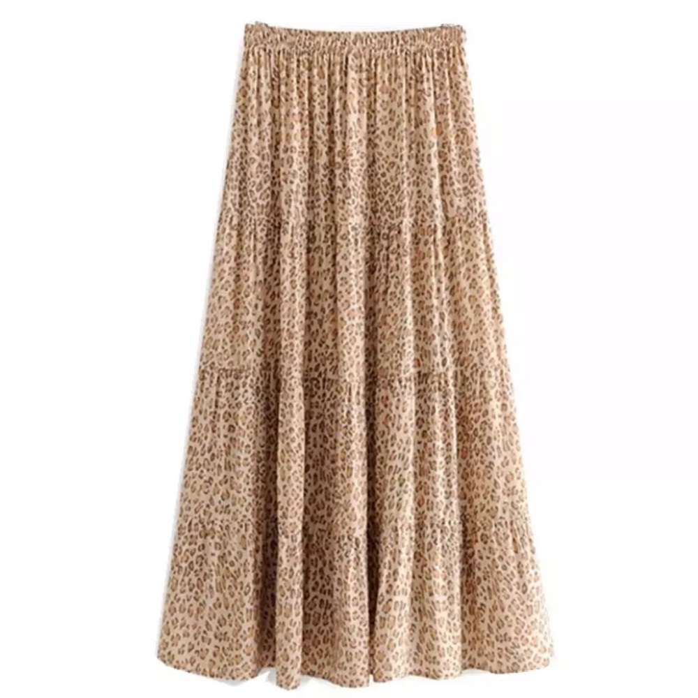 SOLD OUT Bohemian Gypsy Leopard Tiered Ruched Maxi Skirt - Picture 2 of 5
